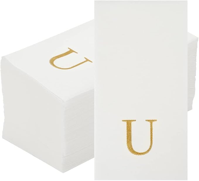 Luxenap 15.8 X 7.9 Inch Linen-Feel Guest Towels, 2000 Lettered Hand Towels - Gold Letter 'U', Sans Serif Font, White Paper Dinner Napkins, airlaid, For Restrooms And Tables