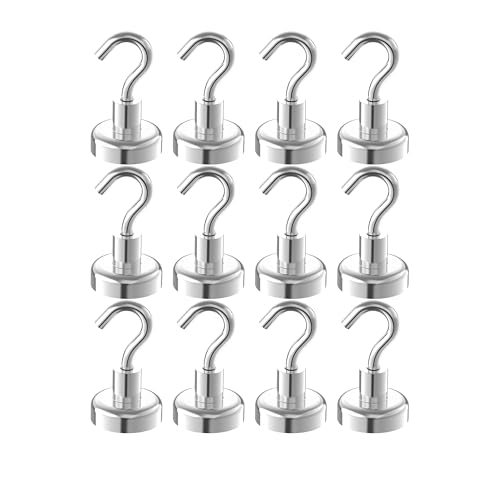Strong Magnetic Hooks with 1 Inch Dia Magnet Base (1.00" Dia - 80lbs - 12Pack)