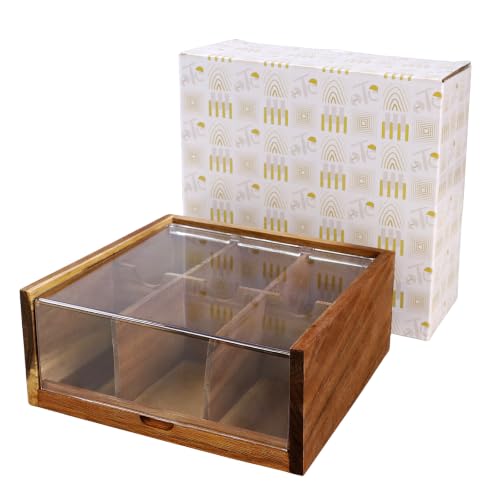 Acacia Wood Tea Bag Organizer Storage Box with 6 Compartments (Compact-Acacia Wood)