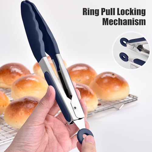 Kitchen Tongs with Silicone Tips for Cooking Serving (7in / Navy Blue)