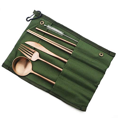 Reusable Travel Utensils (Green Pouch / Rose Gold)