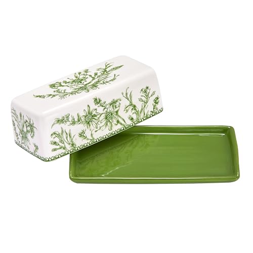 Green Garden Toile De Jouy Ceramic Butter Dish with Lid (Green Garden Toile De Jouy / Large)