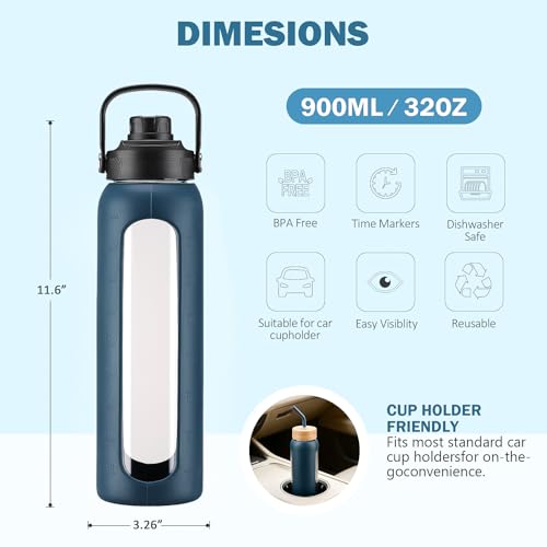 32 oz Glass Water Bottle with Straw and 2 Lids (Dark Blue / 32 Ounces)