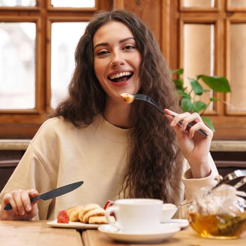 50 Pieces Stainless Steel Forks Silverware Set Dinner Forks and Knives Flatware Tableware Cutlery Set for Kitchen Restaurant (7.1 x 1 Inch, 8.4 x 0.7 Inch / Black)