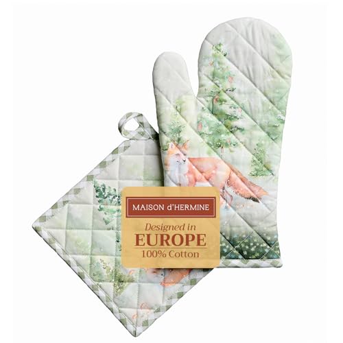 100% Cotton Oven Mitt & Pot Holder Set (097 - Winter Mornings / 7.5" x 13" & 8" x 8" (Oven Mitt & Pot Holder))