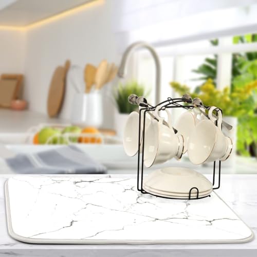 White Grey Marble Dish Drying Mat for Kitchen Counter Absorbent Microfiber Drying Pad (16" x 16")