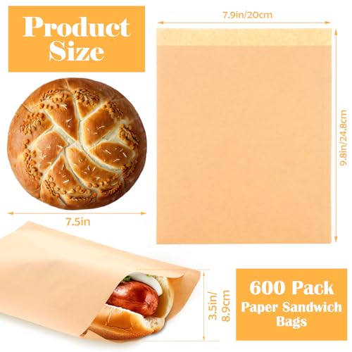 600 Pack Wax Paper Sandwich Bags 10x8 inch (Kraft-600PCS / 10x8 inch)