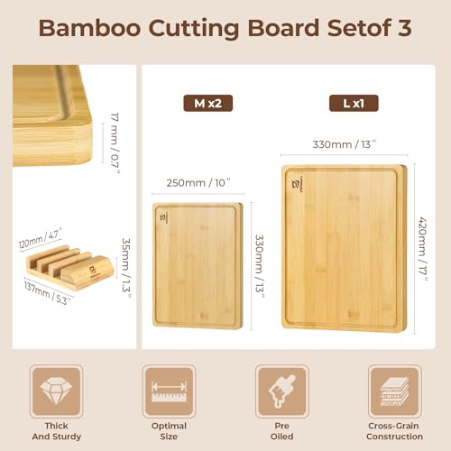 Bamboo Cutting Boards Set of 4 for Kitchen with Wood Storage Stand (Natural Bamboo Color)