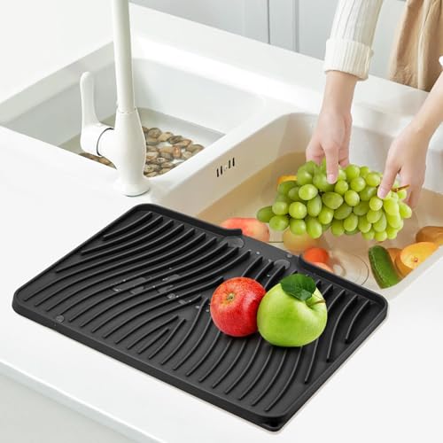 Silicone Dish Drying Mat for Kitchen Counter (Black-1pc / 16" x 12")