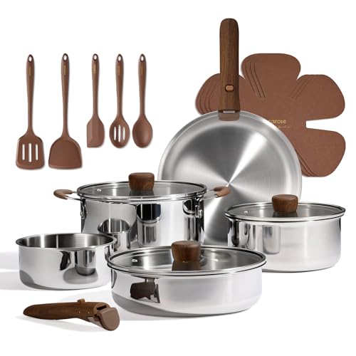 19pcs Tri Ply Stainless Steel Cookware Set with Detachable Handle (Silver / 19 pieces)