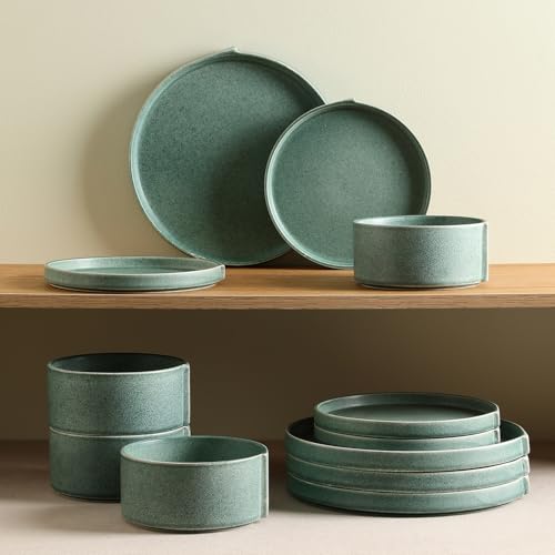 Bao 12 Piece Dinnerware Set Stoneware (Green / 12-Piece - Service for 4)