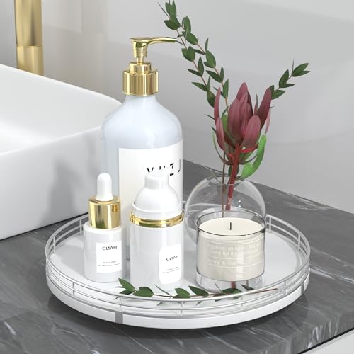 10 Inch Oak Lazy Susan Vanity Tray with Silver Metal Rail (Sliver White / 10)