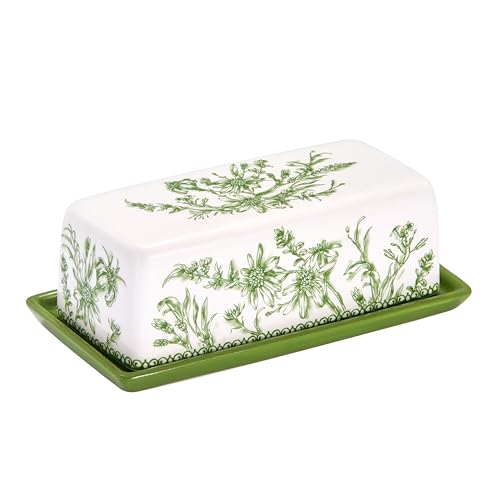 Green Garden Toile De Jouy Ceramic Butter Dish with Lid (Green Garden Toile De Jouy / Large)