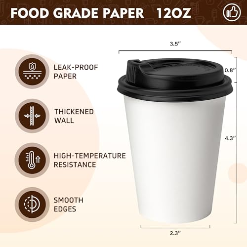 12 oz 100 Pack White Disposable Coffee Cups with Lids (White / 12 oz)