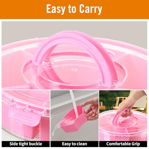 Divided Rotating Serving Tray with Lid and Handle (Pink)