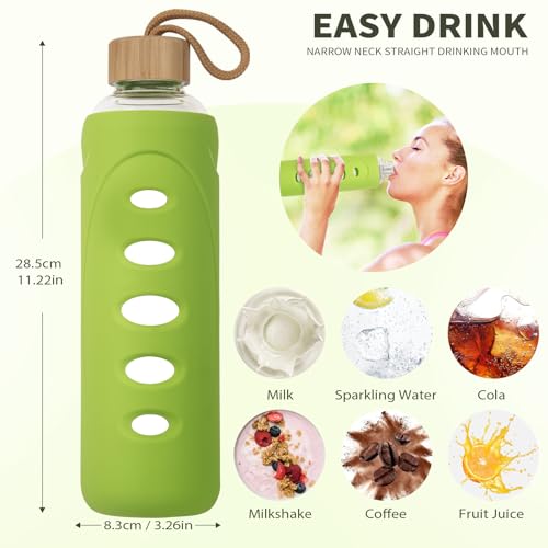 32 oz Narrow Mouth Glass Water Bottle with Windowed Silicone Sleeve (Green)
