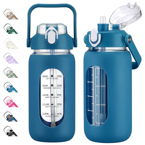 42oz Glass Water Bottles with Straw (Iron Blue / 42 Ounces)