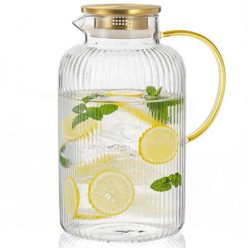 3 Liter 101 oz Stripes Gold Glass Pitcher with Lid and Handle (Stripes Gold / 101.4 Ounces)