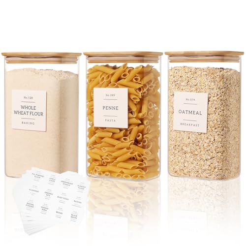 3 Pack Square Glass Pantry Storage Containers with 132 Kitchen Food Pantry Labels