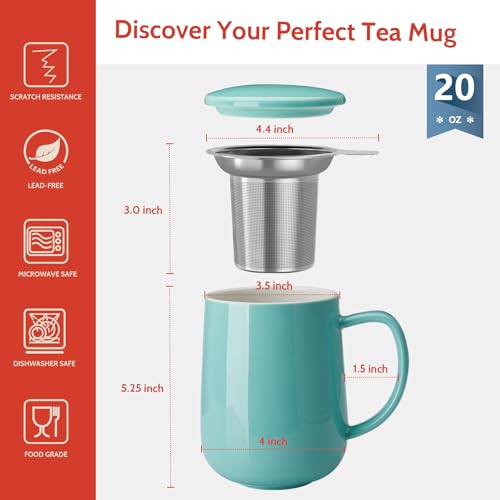 20 OZ Porcelain Tea Mug with Infuser and Lid (Mint Green)
