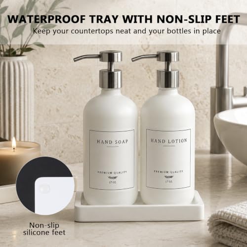 Glass Soap Dispenser Bathroom (White Bottle/Brushed Silver Pump + Tray)
