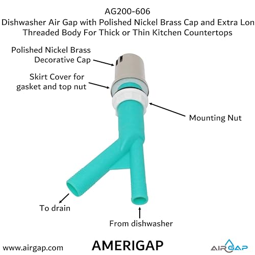 Dishwasher Air Gap with Skirted Polished Nickel Brass Cap and Extra Long Threaded Body for Thick or Thin Kitchen Countertops (AG200-606)