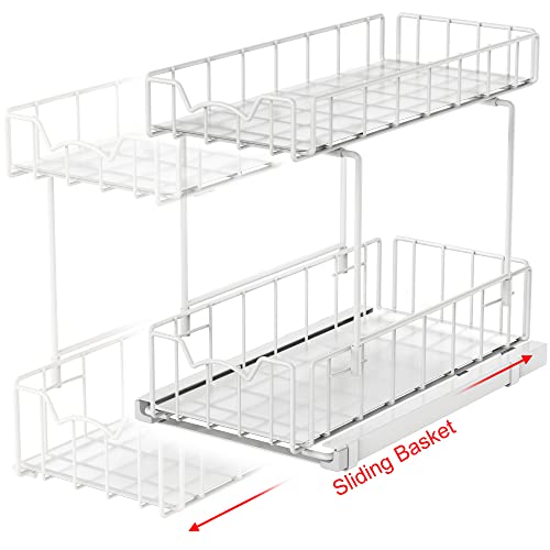 2 Tier Spice Rack Slide Out Wire Basket Drawer (White)