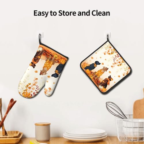Fall Dogs Oven Mitt Potholders Sets Autumn Leaves Heat Resistant Oven Glove Set of 2 Holiday Kitchen Hot Pads for Cooking Baking Grilling (Fall Dogs)
