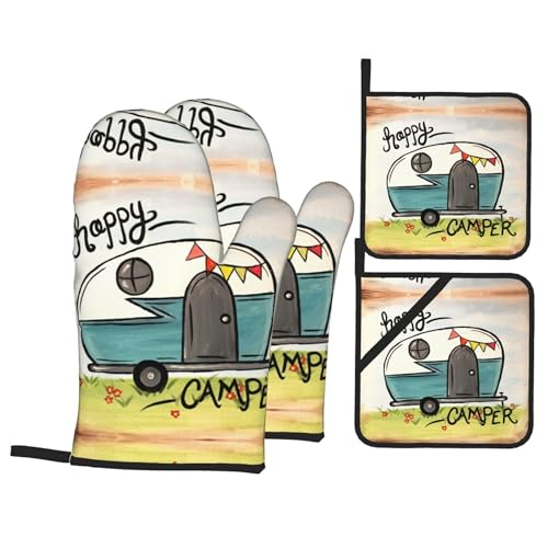 Happy Camper Oven Mitts and Pot Holders Sets of 4 (One Size / Happy Camper 1)