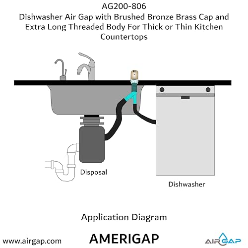 Dishwasher Air Gap with Skirted Brushed Bronze Brass Cap and Extra Long Threaded Body for Thick or Thin Kitchen Countertops (AG200-806)