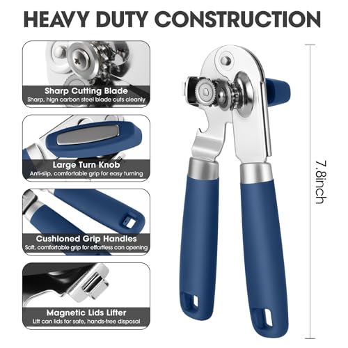 Manual Can Opener Hand Held with Magnet for Home Kitchen (Blue)