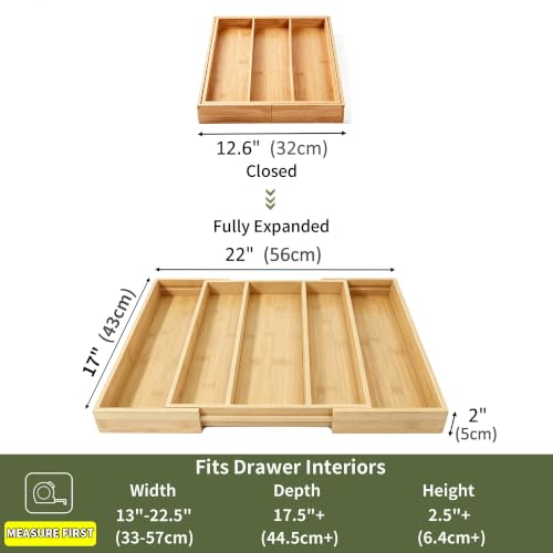 Bamboo Expandable Kitchen Drawer Organizer Silverware Utensil Tray (Natural / Large)