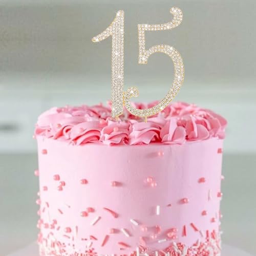 Gold 15th Birthday Cake Topper Rhinestones Cake Decorations for 15th Birthday Party (15th- Gold)