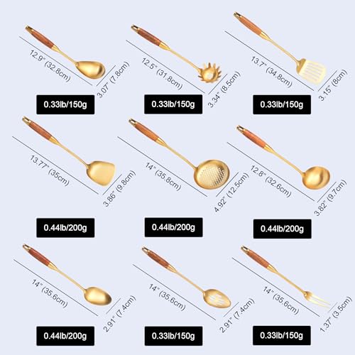 Gold Kitchen Utensils Set Stainless Steel 9 PCS with Wooden Handle (Upgraded Gold-9)