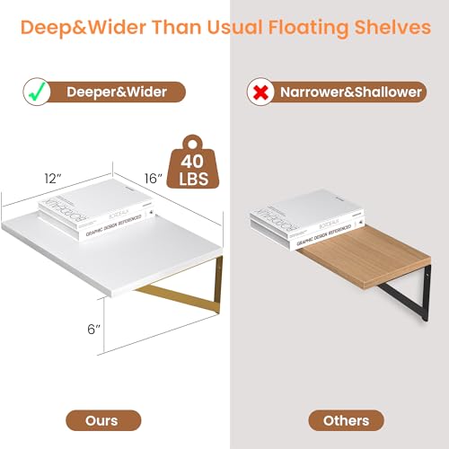 16W x 12D Deep Floating Shelves Set of 2 White & Gold (White With Golden Bracket / 16wx12dx5.8h)