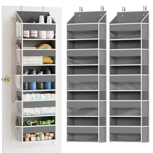 2 Pack Over The Door Organizer with 5 Large Pockets and 10 Mesh Side Pockets (2 Pack / Gray)