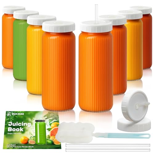 8pack Stripe 16oz Glass Juice Bottles with Lids & Straws & Juicing Recipe (Transparent with Stripe / 16oz-8pack)