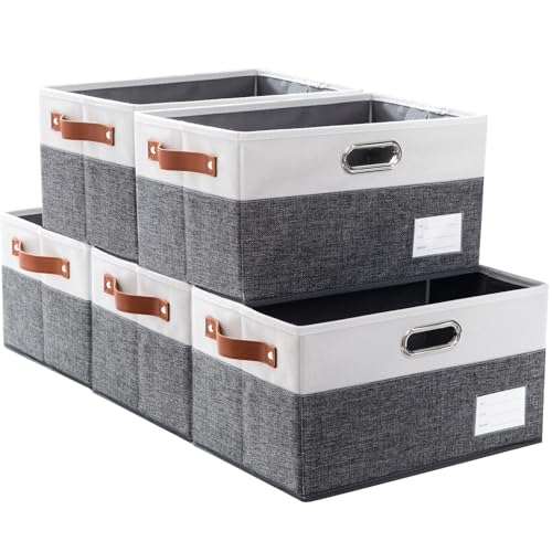 Larger Foldable Storage Bins with Handles [5 (Grey & Cream / Jumbo(5-Pack))