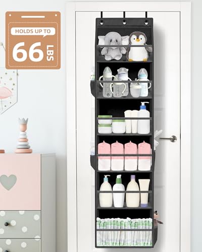 Over Door Organizer Hanging Shelves Large Clear Deep Pockets (Black / 6-Shelves 62.2"H)