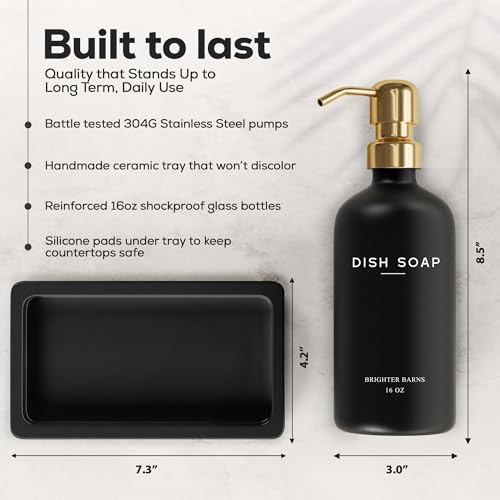Luxury Glass Hand and Dish Soap Dispenser Set by Brighter Barns (Black/Gold Hd)