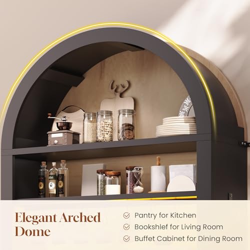 73" Tall Arched Bakers Rack with Power Outlet and LED Light (Black)