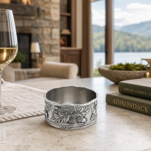 Wine Bottle Coaster Handcraft Pewter Acorn and Oak Leaf Pattern Heirloom Quality 5 inch Diameter x 2.25 inch Tall