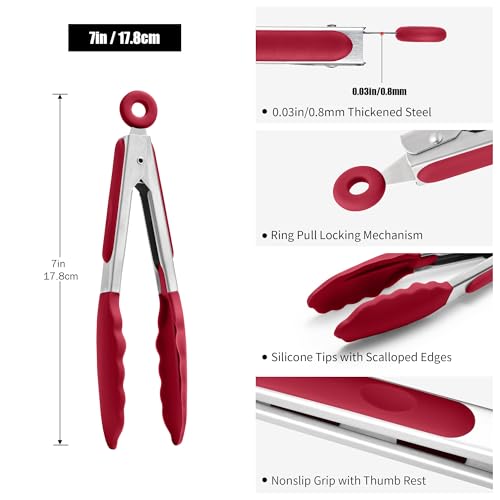 Kitchen Tongs with Silicone Tips for Cooking Serving (7in / Red)
