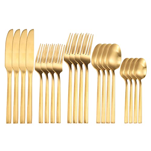 Matte Silverware Set Gold Flatware Set with Hexagon Handle 20 Pieces 18 (Matt gold)