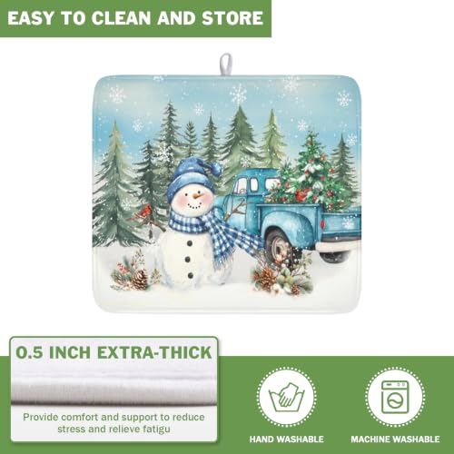 Winter Snowman Blue Dish Drying Mat Xmas Truck Dishes Pad 16"x18" Microfiber Absorbent Drainer Rack Mats Protector for Kitchen Counter Sink (Blue Snowman Truck / 16x18 inch)