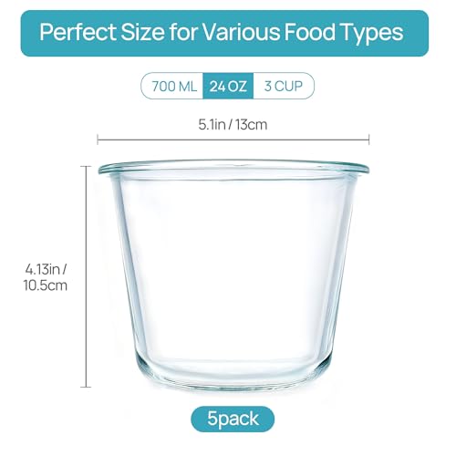 5 Pack 3 Cup Glass Soup Container Set with Airtight Lids (Green / 24oz-Round)