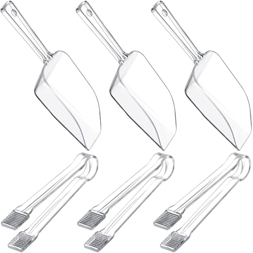 6 Combo Pack 3 Clear Plastic Serving Tongs and 3 Mini Kitchen Candy Scoops