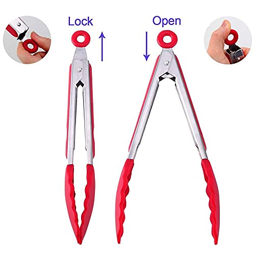 4 Pack Red Silicone Kitchen Tongs Set (Red)
