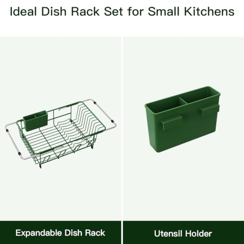 Green Expandable Dish Drying Rack Over Sink with Anti (Green / For 11.5"-16" W Sink with Cup Holder)