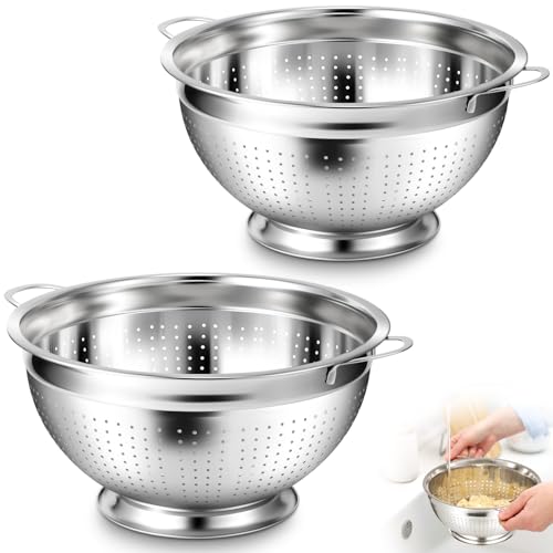 2 Pack 5 Quart Heavy Duty Stainless Steel Colander with Footed Base and Handles Pasta Spaghetti Berry Fruit Vegetable Kitchen Food Strainer Basket (5 Quart)